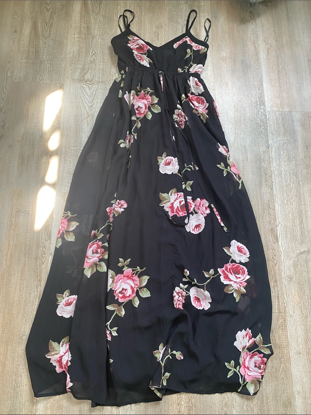 Black Floral Maxi Dress with Pink Rose Print